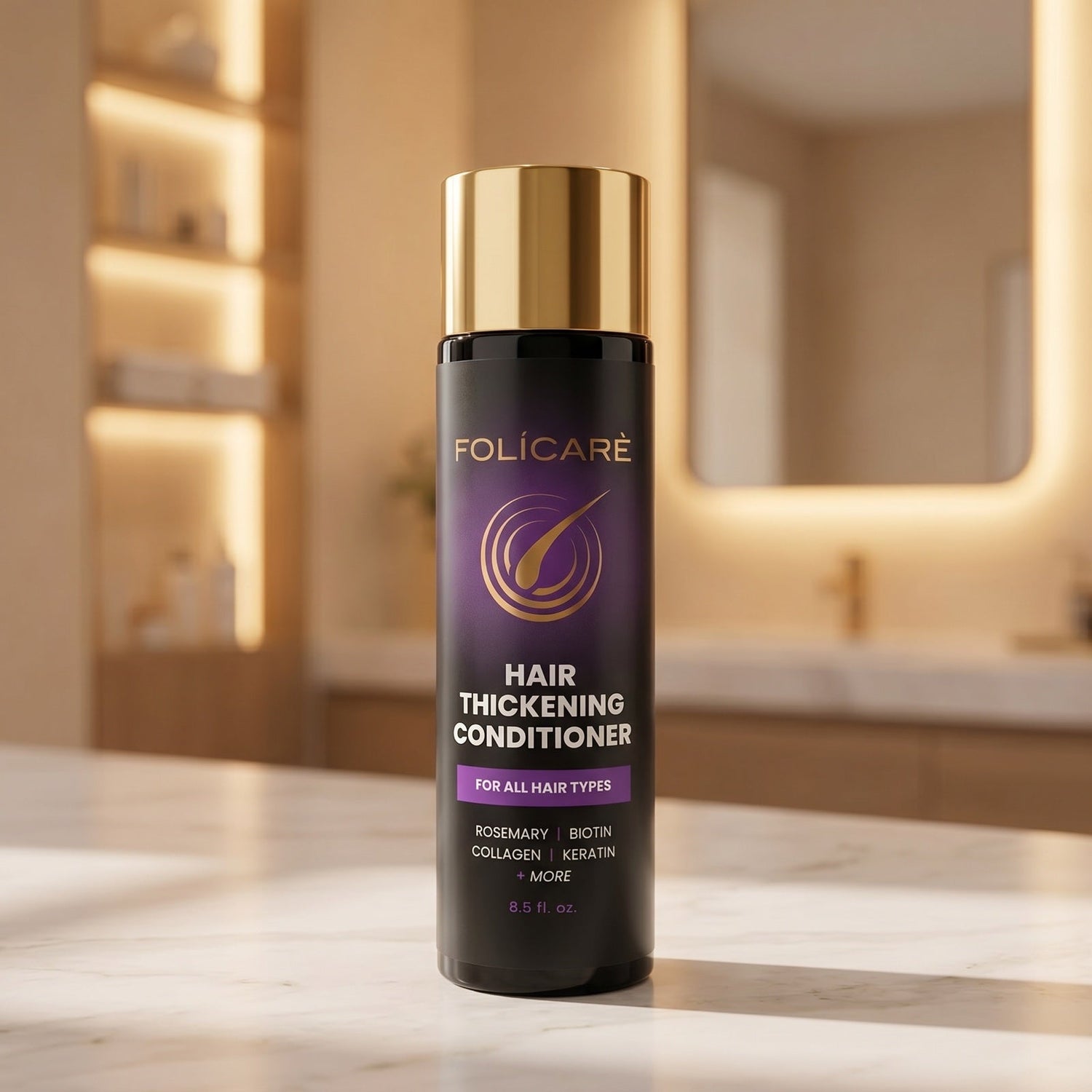 Folicare Hair Growth Conditioner bottle in a bright bathroom product scene