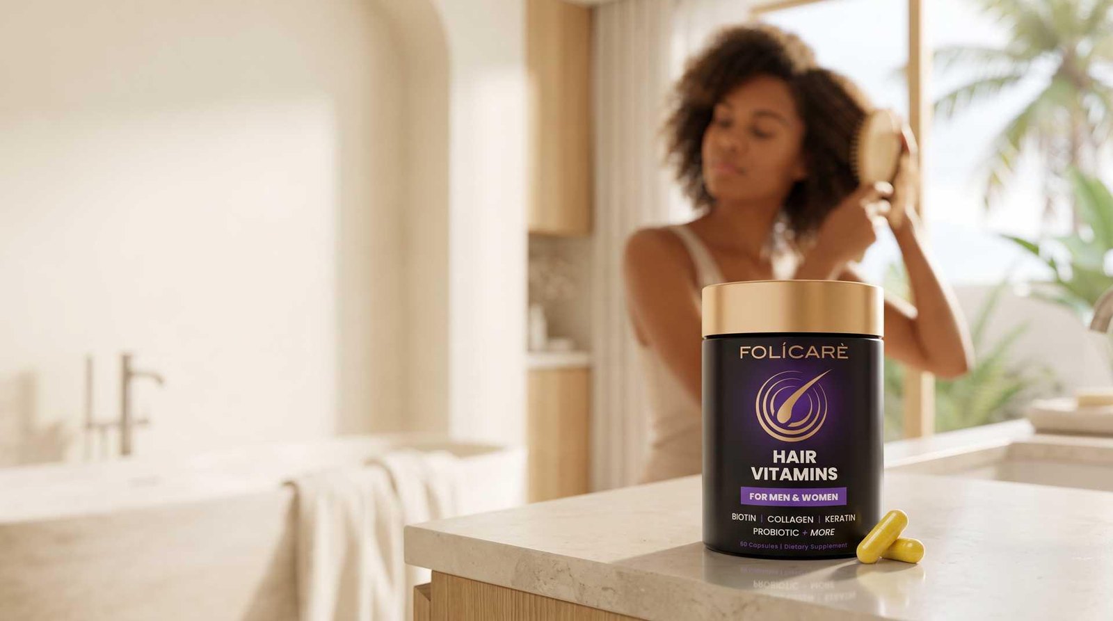 Folicare Hair, Skin & Nails Vitamins on a bright bathroom counter